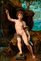 "Representação de São João Batista Peinture de Michael Coxcie (Michiel Coxien) (De Coxien, De Coxcie, Coxius, Van Coxcie e Coxie) (1499-1592) 16eme siecle Óleo sobre madeira Dim 104x73 cm Coleção particular