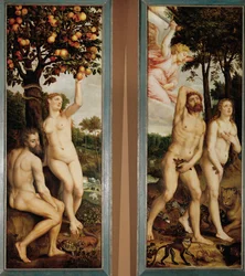 A queda e a expulsão do paraíso Duas alas de um altar (pintura sobre madeira de carvalho)