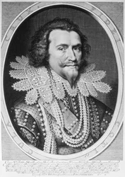 Retrato de George Villiers, 1º duque de Buckingham (1592-1628) gravado por Willem Jacobsz. Delff (1580-1638) 1626 (gravura) (foto bw)