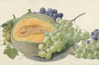 Um melão, cachos de uvas, um pêssego e uma avelã