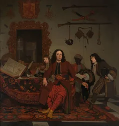 Thomas Hees e seu servo Thomas e sobrinhos Jan e Andries Hees Retrato de Thomas Hees (n. 1634/35), residente e comissário dos estados gerais dos governos de Argel, Túnis e Trípoli, com seus sobrinhos Jan (n. 1670/71) e Andries (n. 1).