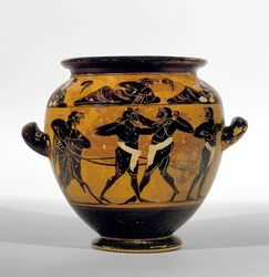 Estames áticos de figuras negras representando pugilistas, c.520-500 aC (cerâmica) (ver também 100575)