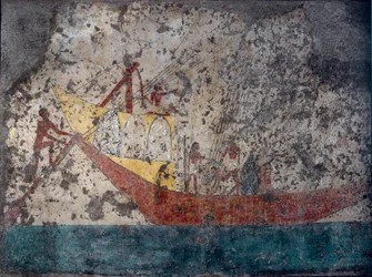 Antiquidade egípcia: "Navio militar egípcio" Fresco de um túmulo. 2000 AC. Turim, Museo Egizio