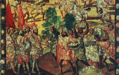 Pormenor de Hernan Cortes (1485-1547) Entrando Cempoal e Chefe Receptor Gordo (Quauhtlaebana) Que dá Carne e Apresenta a todos os Espanhóis