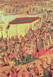 O Acolhimento de Montezuma (1466-1520) detalhe de um quadro que retrata "A Conquista do México por Hernando Cortes (1485-1547) 1698