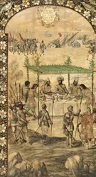Ordena a Destruição dos Navios e Encontros com os Embaixadores de Montezuma (Moctezuma, Moteuczoma, Motecuhzoma) (1466-1520) em 1520 - A Conquista do México por Hernán Cortes par González, Miguel e Juan (final ativo do 17º cen.). Óleo sobre madeira, tamanh