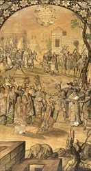A Conquista do México por Hernán Cortes par González, Miguel e Juan (em atividade no final do 17º cen.). Óleo sobre madeira, tamanho : 97x53