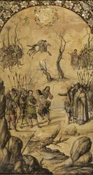 A Conquista do México por Hernán Cortes par González, Miguel e Juan (em atividade no final do 17º cen.). Óleo sobre madeira, tamanho : 97x53
