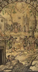 A Conquista do México por Hernán Cortes par González, Miguel e Juan (em atividade no final do 17º cen.). Óleo sobre madeira, tamanho : 97x53