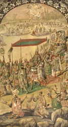 Acolhimento de Montezuma (Moctezuma, Moteuczoma, Motecuhzoma)(1466-1520) - A Conquista do México por Hernán Cortes par González, Miguel e Juan (final ativo do 17º cen.). Óleo sobre madeira, tamanho : 97x53