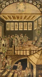 a Visita de Hernando Cortes (1485-1547) a Montezuma (Moctezuma, Moteuczoma, Motecuhzoma) (1466-1520) em 1520 - A Conquista do México por Hernan Cortes par González, Miguel e Juan (final ativo do 17º cen.). Óleo sobre madeira, tamanho : 97x53