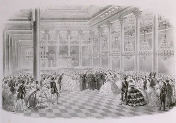 Baile no salão da Assembleia da Nobreza Russa por ocasião da coroação do imperador Alexandre II