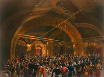 Banquete de coroação para os enviados no Salão Dourado do Grande Palácio do Kremlin, Moscovo, 1856