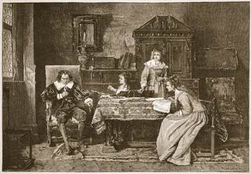 Milton ditando "Paradise Lost", ilustração de "A Igreja da Inglaterra: Uma História para o Povo" por HDM Spence-Jones, pub. c.1910 (foto sépia)