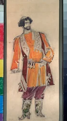 Traje preparatório masculino para a ópera "A noiva do czar" de Nicholas (Nikolai) Rimsky Korsakov (Rimsky-Korsakov) (1844-1908) (Figurino para a ópera A noiva do czar de N Rimsky Korsakov (Rimsky ). -Korsakov) - Obra de Mikhail Alexander