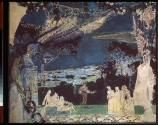 Itália, Noite em Nápoles, Desenho de cortina para o Teatro Privado Russo - Trabalho de Mikhail Alexandrovich Vrubel (Vroubel) (1856-1910), lápis e aguarela sobre papel