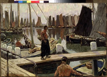Barcos à vela, calmos. Pintura de Mikhail Alexandrovich Demyanov (1873-1913). Óleo sobre tela