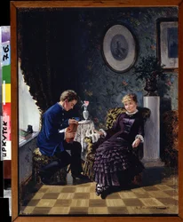 Os começos (The Debut). Em uma sala de estar, cabeça a cabeça entre um jovem tímido, que está segurando um livro e uma jovem sorridente, uma declaração de encontro de amor. Pintura de Mikhail Georgievich Malyshev (1852-1914), óleo sobre tela