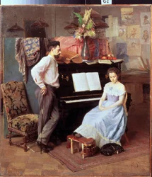 ""O artista e sua esposa"" A jovem de olhos baixos está sentada ao piano sob o olhar do marido. Pintura de Mikhail Ignatiev (1870-1934) por volta de 1900 Regional Art Gallery, Vologda