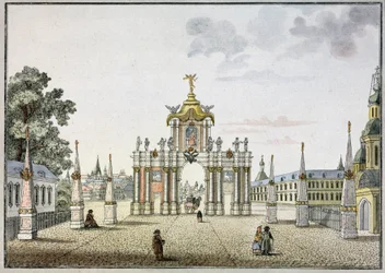 Os Portões Vermelhos em Moscovo. Arco triunfal barroco, construído no século XVIII, demolido em 1928. Trabalho de Mikhail Ivanovich Makhaev (1718-1770), aguarela e tinta sobre papel, ca. 1790. Arte russa