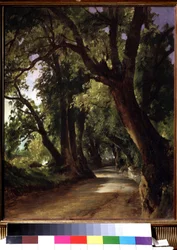 Vista em Albano, perto de Roma (Itália). (Vista em Albano perto de Roma). Descrição de uma estrada de terra entre árvores imponentes. Pintura de Mikhail Ivanovich Lebedev (1811-1837), óleo sobre tela, paisagem do século XIX. Galeria Estadual Tretyakov, Mos