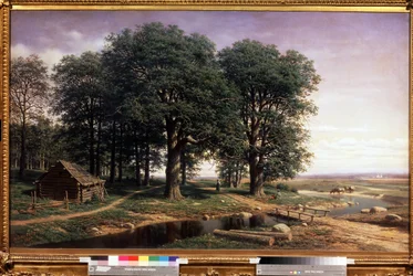 Um Oak Grove. Uma paisagem com grandes carvalhos e uma cabana de madeira, perto de um rio que serpenteia até ao horizonte, com pessoas e vacas a beber. Pintura de Mikhail Konstantinovich Klodt barão von Jurgensburg (Micha