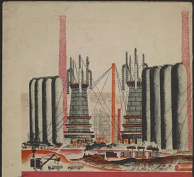 Ilustração do livro para crianças ""Combinat metallurgique Kuznets : un geant socialiste"" - Ilustração para o livro infantil ""Kuznets Metallurgical Combine: A Socialist Giant"", de Gurevich, Mikhail Lvovich (1904-1943). Litografia colorida