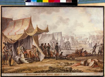 Grande Guerra do Norte - Guerra Russo-Turca de 1710-1711: Pedro I da Rússia (Pedro o Grande) (1672-1725) no rio Prut durante a assinatura do Tratado do Prut em Julho de 1711 com o exército otomano - Obra de Mikhail Matveevich Ivanov (174