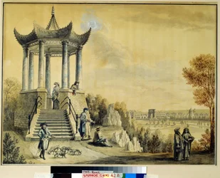 O Pavilhão Grand Caprice no Parque Catherine em Tsarkoye Selo. Trabalho de Mikhail Matveevich Ivanov (1758-1823), aguarela e giz sobre papel, finais do século XVIII. Arte russa do século XVIII. Ins