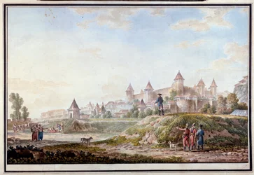 Vista da fortaleza de Tighina em Bendery na Moldávia - Aquarela sobre papel de Mikhail Matveevich Ivanov (1758-1823)