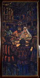 O Casamento do Grão-Duque Vladimir I Svyatoslavich (conhecido como o Grande ou Sol Vermelho, 958-1015) Cena do banquete de casamento - Pintura de Mikhail Nikolayevich Yakovlev (1880-1942), óleo sobre tela, ca. 1920
