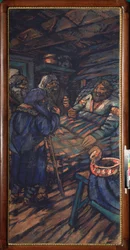O Casamento do Grão-Duque Vladimir I Svyatoslavich (conhecido como o Grande ou Sol Vermelho, 958-1015) (O Casamento do Grão-Duque Vladimir I Svyatoslavich) Vladimir alite é cercado por três velhos - Pintura de Mikhail Nikolayevich Yakovlev (1880- 1942), ól