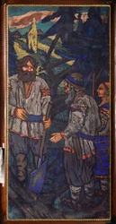 O Casamento do Grão-Duque Vladimir I Svyatoslavich (958-1015) (O Casamento do Grão-Duque Vladimir I Svyatoslavich) Vladimir com uma pá fala com um casal de camponeses - Pintura de Mikhail Nikolayevich Yakovlev (1880-1904)