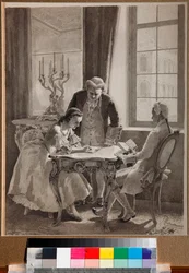 "Aula de língua russa da imperatriz Catarina II (1729-1796)" Desenho a tinta e caneta de Mikhail Klodt (1835-1914)
