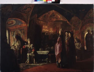 A Moradia do Tsarevna. Composição sobre o tema da velha Rússia, traje tradicional e decoração do principado de Moscovo. Pintura do Barão Mikhail Petrovich Klodt (1835-1914), óleo sobre tela
