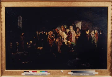 A Imperatriz Dando Esmolas (Imperatriz Dando Esmolas). A czarina, cercada por nobres e clérigos, faz caridade a uma assembléia de pessoas necessitadas ajoelhadas diante dela. Pintura do Barão Mikhail Petrovich Klodt (1835-1914), óleo sobre tela