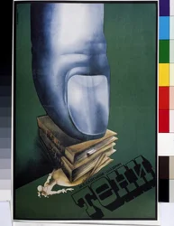 Cartaz para a peça de teatro "As Sombras", segundo Mikhail Saltykov-Shchedrin (1826-1889), representando um dedo gigante pousado sobre uma pilha de livros.