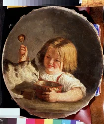 O pequeno-almoço. Pintura de Mikhail Sergeyevich Bashilov (1821-1870). Óleo sobre tela, 29 x 25,2 cm