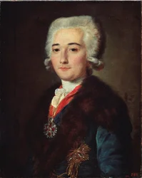 Retrato do Conde Alexander Dmitriev Mamonov (Dmitrieff Mamonoff) (1758-1803), favorito de Catarina II da Rússia (1729-1796). Pintura por Mikhail Shibanov (?-desde 1789), óleo sobre tela