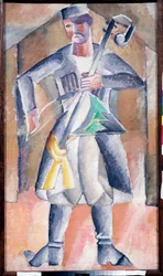Músico (Sas Musician) - Retrato de um músico, em vestido tradicional, com o seu instrumento, uma espécie de hurdy-gurdy vertical com duas cordas esticadas, tocado com um arco - Pintura de Mikhail Vasilyevich The Dantyu (1891-1917), óleo sobre tela - Arte r
