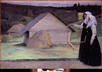 Ete (Verão). Duas mulheres, carregando os seus ancinhos, à noite, depois de trabalharem nos campos, passeiam pelos palheiros e cabanas de madeira. Pintura de Mikhail Vasilyevich Nesterov (1862-1942), óleo sobre tela