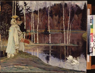 Dupla Harmonia. Um casal fantasiado e com maquiagem teatral olha para o céu perto de um lago no qual um casal de cisnes nada pacificamente. Pintura de Mikhail Vasilyevich Nesterov (1862-1942), óleo sobre tela