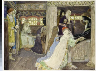 La mort du grand duc Alexandre Nevski (1220-1263). (A morte do Grão-Duque Alexandre Nevski). Oeuvre de Mikhail Vasilyevich Nesterov (1862-1942), aquarelle et gouache sur papier