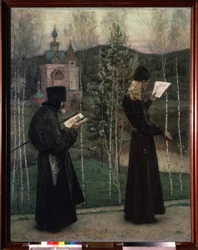 Tocando os Sinos. Dois monges lendo enquanto caminham em direcção a uma igreja no fundo. Pintura de Mikhail Vasilyevich Nesterov (1862-1942), óleo sobre tela