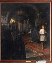 Os Cúmplices no Tribunal do Czar. Na altura do casamento de Ivan III O Grande (1462-1505) com Sophie (nee Zoe Paleologue, ca. 1455-1503) em 1472, o grande príncipe quis fazer de Moscovo a terceira Roma. Pintura por Mikh