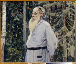 Retrato do autor Leon N. Tolstoi (1828-1910) (Retrato do autor Leo N. Tolstoy). Pintura de Mikhail Vasilyevich Nesterov (1862-1942), óleo sobre tela