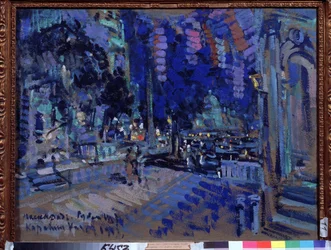 Projet de decor para a peça de teatro Le bal masque de Mikhail Lermontov (1814-1841) (Desenho de palco para a peça de teatro The Masquerade de M.Lermontov). Oeuvre de Konstantin Alexeyevich Korovin (Constantin Korovine) (1861-1939), gouache sur carton
