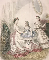 Duas mulheres e uma garotinha vestindo as últimas modas internas, c1860