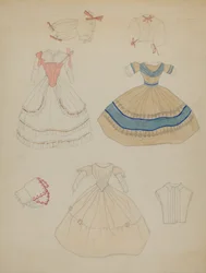 Boneca e guarda-roupa, c. 1936.