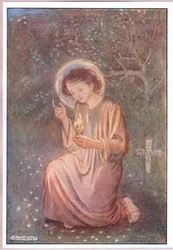 Ajoelhou-se sobre a relva orvalhada (cor litho)
